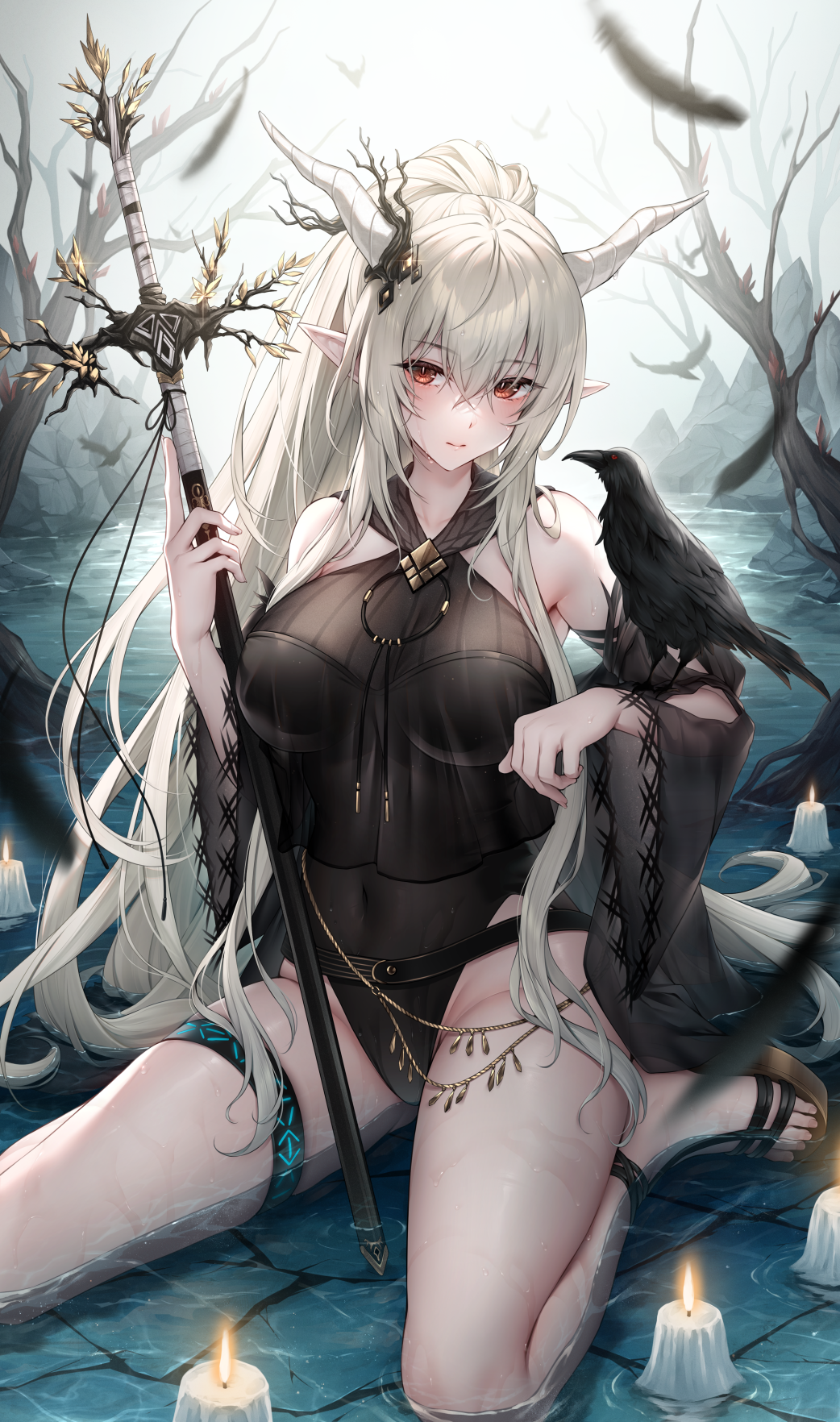 1girl absurdly_long_hair animal animal_on_arm arknights bird bird_on_arm bird_on_hand black_bird black_feathers black_one-piece_swimsuit candle casual_one-piece_swimsuit commentary_request crow demon_horns falling_feathers feathers grey_hair hair_between_eyes highres holding holding_sword holding_weapon horns infection_monitor_(arknights) long_hair looking_at_viewer official_alternate_costume official_alternate_hairstyle one-piece_swimsuit oyuwari pointy_ears red_eyes shining_(arknights) shining_(silent_night)_(arknights) sitting swimsuit sword thigh_strap thighs very_long_hair wariza weapon wet white_hair
