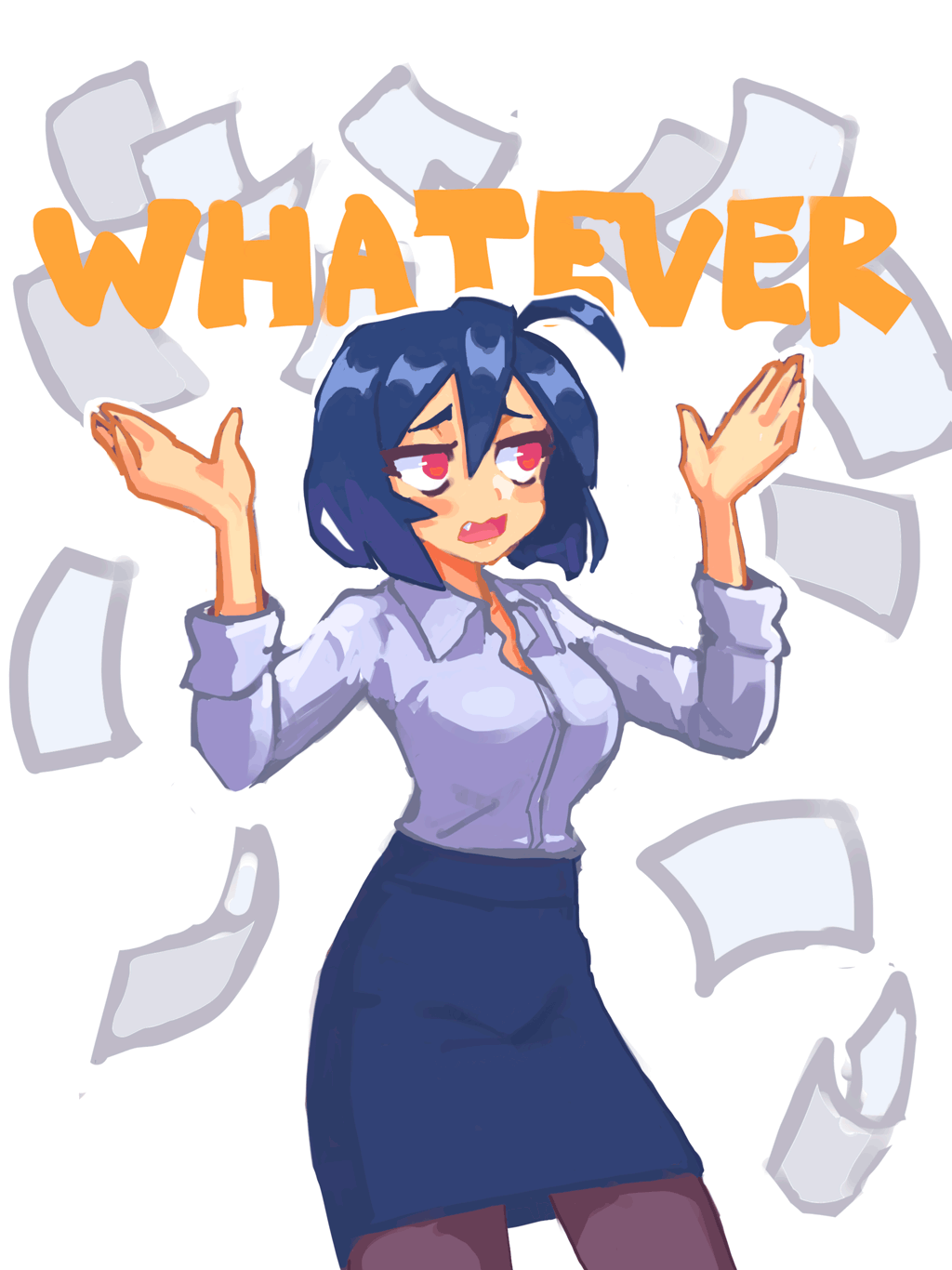 1girl ahoge arms_up black_skirt blue_hair breasts brown_pantyhose collared_shirt grey_shirt hcnone highres large_breasts long_sleeves office_lady original pantyhose paper pencil_skirt pink_eyes shirt short_hair skirt skye_(hcnone)