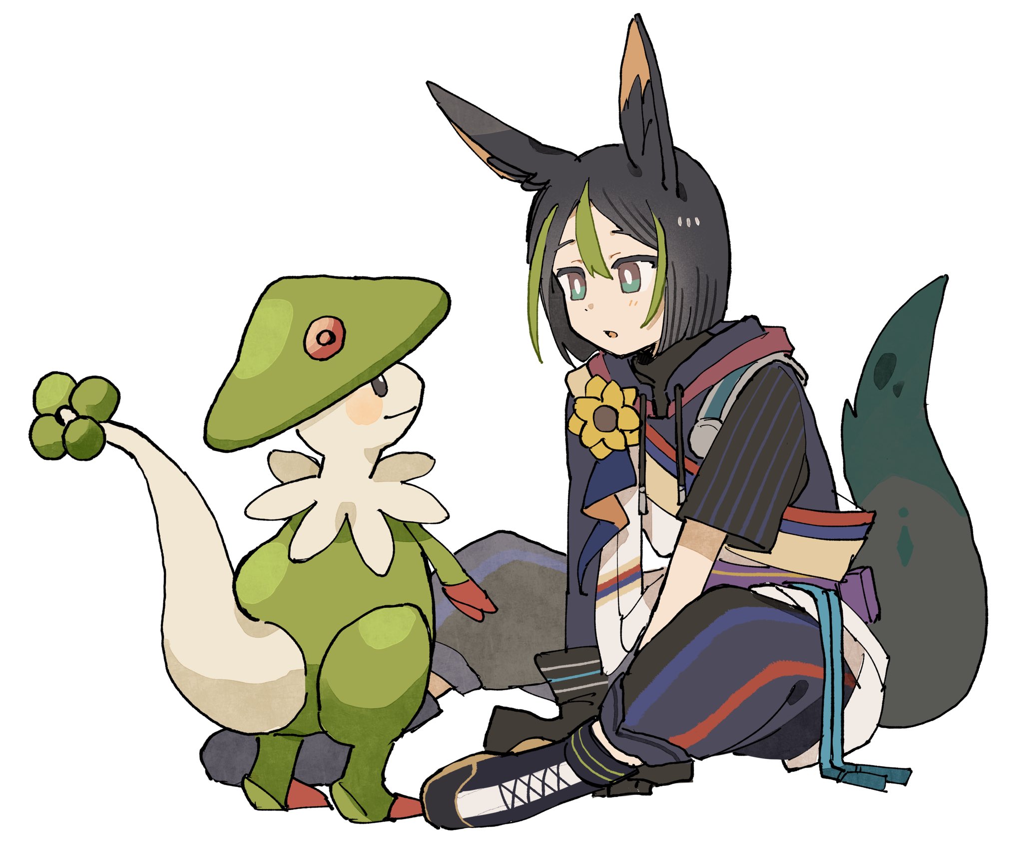 1boy :o animal_ear_fluff animal_ears asymmetrical_sleeves black_boots black_gloves black_pants black_shirt blue_pants blunt_ends boots breloom brown_eyes capri_pants commentary_request drawstring flower fox_boy fox_ears fox_tail gen_3_pokemon genshin_impact gloves green_eyes hair_between_eyes highres hood hood_down hoodie lace-up_boots long_sleeves looking_at_another male_focus multicolored_clothes multicolored_eyes multicolored_hair multicolored_pants nanase_(nanataroo_7) nintendo open_mouth pants pokemon pokemon_(creature) pouch purple_sash sash shirt short_hair short_sleeves simple_background sitting solo streaked_hair tail tighnari_(genshin_impact) turtleneck uneven_sleeves v_arms white_background yellow_flower