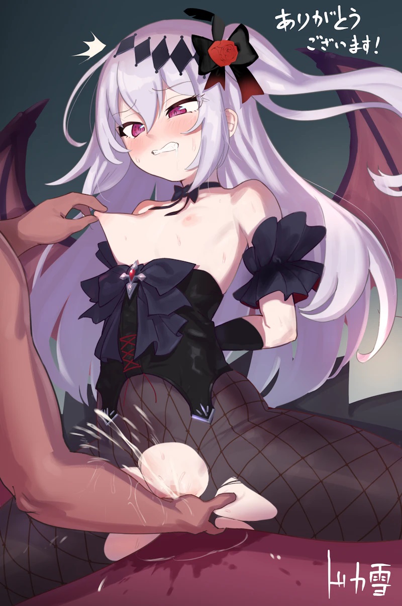 1boy 1girl arms_behind_back artist_name bare_shoulders bat_wings black_bow black_bowtie black_dress black_gloves blush bow bowtie breasts clenched_teeth commission crotch_cutout demon_girl doka_yuki_(tsumorisugi) dress female_ejaculation fingering fishnet_pantyhose fishnets flower gloves hair_flower hair_ornament highres long_hair mare_(ac8231) naked_bowtie nipple_pull nipple_stimulation nipple_tweak nipples one_side_up original pantyhose pussy_juice pussy_juice_on_fingers red_eyes red_flower red_rose rose sitting skeb_commission small_breasts solo_focus spread_legs sweat teeth thank_you translation_request white_hair wings