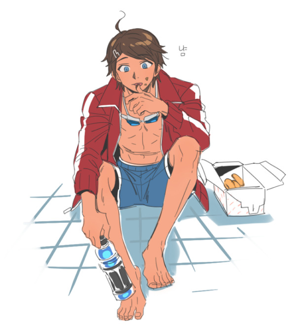 1boy abs ahoge asahina_aoi bad_source barefoot blue_eyes blue_swim_trunks bottle danganronpa:_trigger_happy_havoc danganronpa_(series) dark-skinned_male dark_skin dg_xhs donut facing_viewer food food_on_face genderswap genderswap_(ftm) goggles goggles_around_neck holding holding_bottle jacket looking_down male_focus open_clothes open_jacket pastry red_jacket simple_background solo swim_goggles thumb_to_mouth tile_floor tiles track_jacket water_bottle