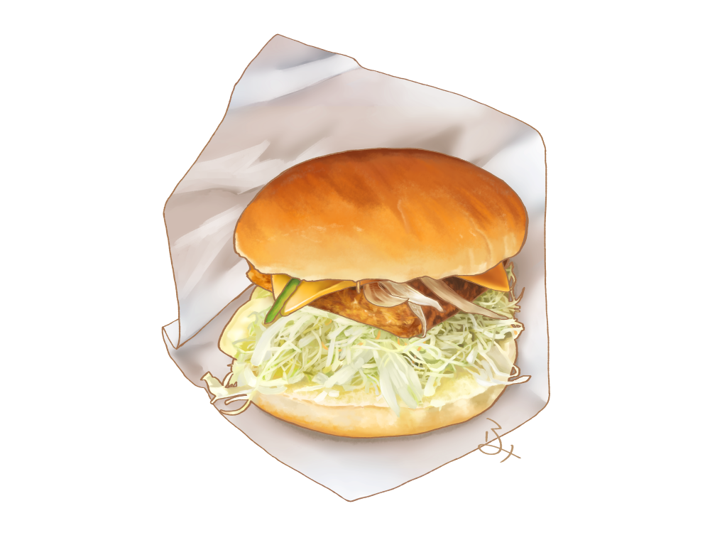aon968 burger cheese commentary fish_(food) fish_burger food food_focus fried_fish lettuce no_humans original realistic signature simple_background still_life white_background