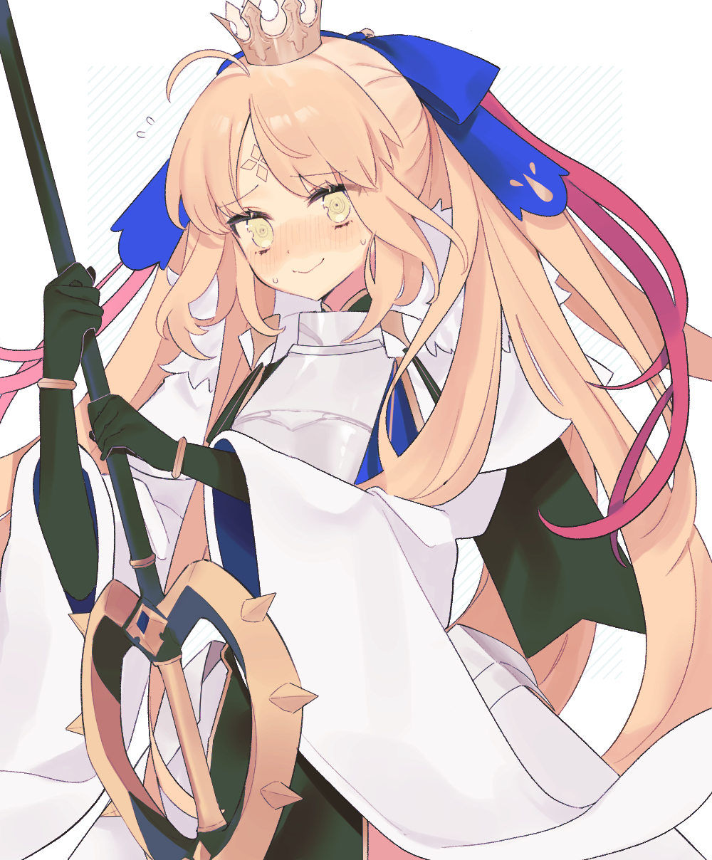1girl ahoge armor armored_dress artoria_caster_(fate) artoria_caster_(third_ascension)_(fate) artoria_pendragon_(fate) black_gloves blonde_hair blue_ribbon blush bracelet breastplate breasts capelet crown dress elbow_gloves facial_mark fate/grand_order fate_(series) faulds forehead_mark fur-trimmed_capelet fur_trim gloves green_eyes hair_ribbon highres jewelry long_hair long_sleeves looking_at_viewer marmyadose_(fate) polearm ribbon small_breasts smile solo spear twintails uxco0 weapon white_capelet white_dress wide_sleeves