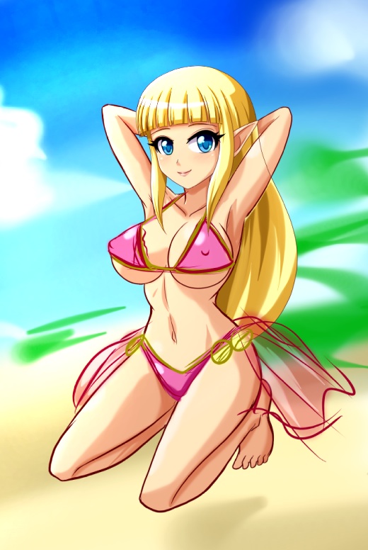 1girl barefoot beach bikini blonde_hair blue_eyes blue_sky breasts cleavage cloud covered_erect_nipples day female_focus legs long_hair navel nintendo pointy_ears princess_zelda sigurd_hosenfeld sketch sky smile solo swimsuit the_legend_of_zelda the_legend_of_zelda:_skyward_sword unfinished