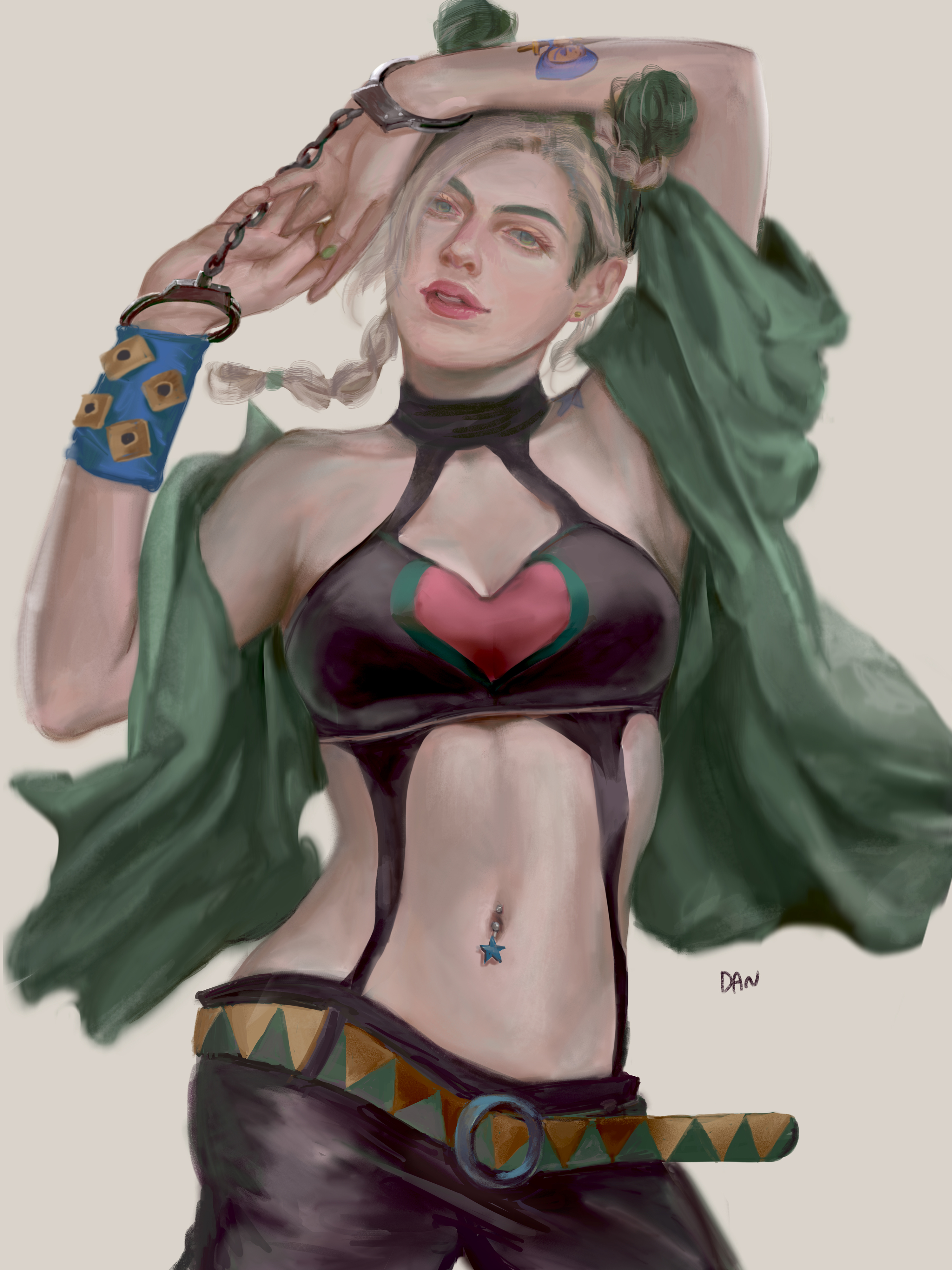 1girl absurdres arm_up artist_name belt birthmark blonde_hair braid breasts butterfly_tattoo coat commentary_request cuffs danart14020 double_bun green_eyes green_hair green_nails hair_bun handcuffs highres interlocked_fingers joestar_birthmark jojo_no_kimyou_na_bouken kuujou_jolyne long_hair looking_at_viewer medium_breasts multicolored_hair navel navel_piercing own_hands_together piercing pink_lips realistic smile solo stone_ocean tattoo two-tone_hair