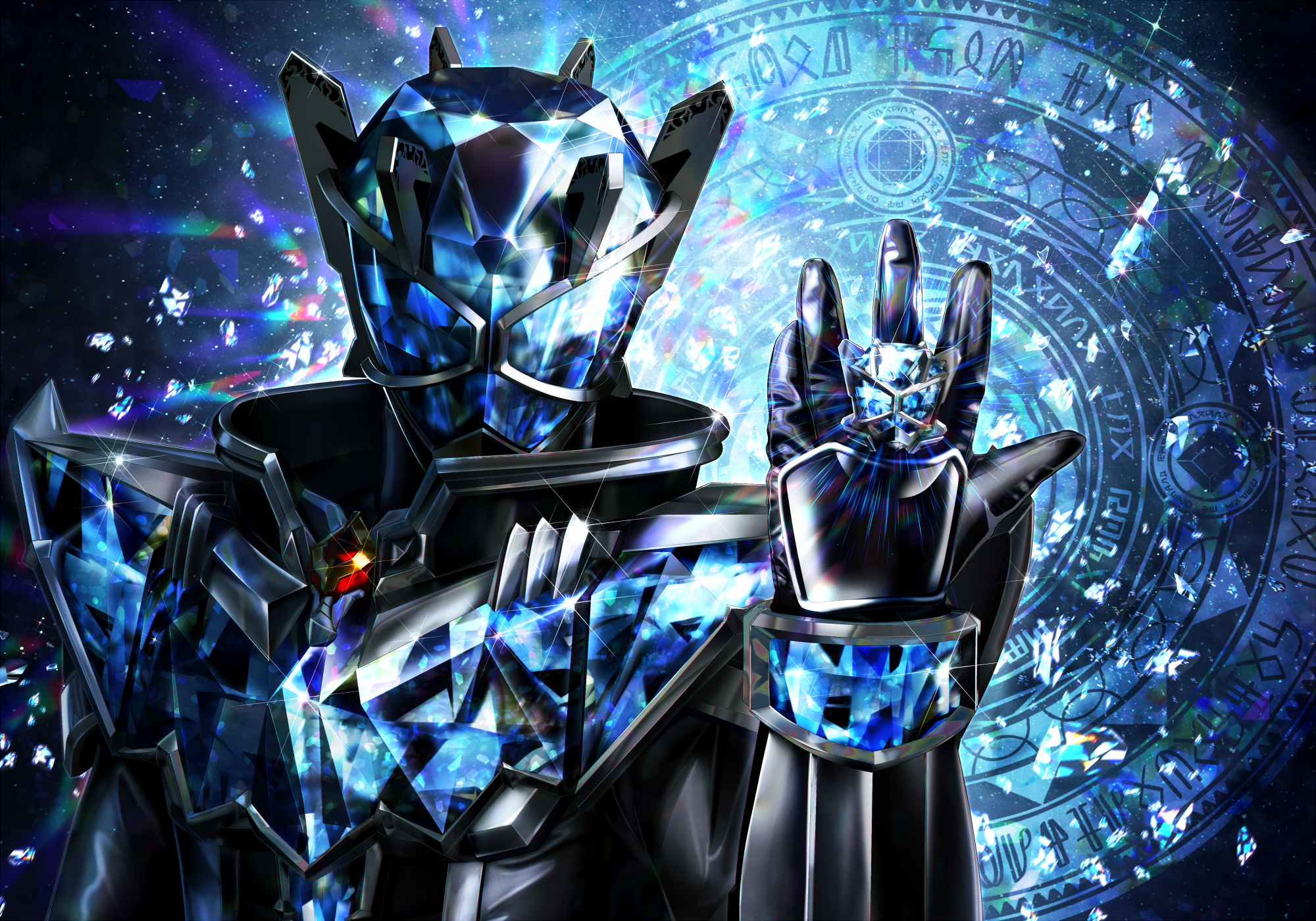1boy gem helmet highres jewelry kamen_rider kamen_rider_wizard kamen_rider_wizard_(infinity_style) kamen_rider_wizard_(series) looking_at_viewer magic_circle male_focus masukudo_(hamamoto_hikaru) portrait ring solo tokusatsu