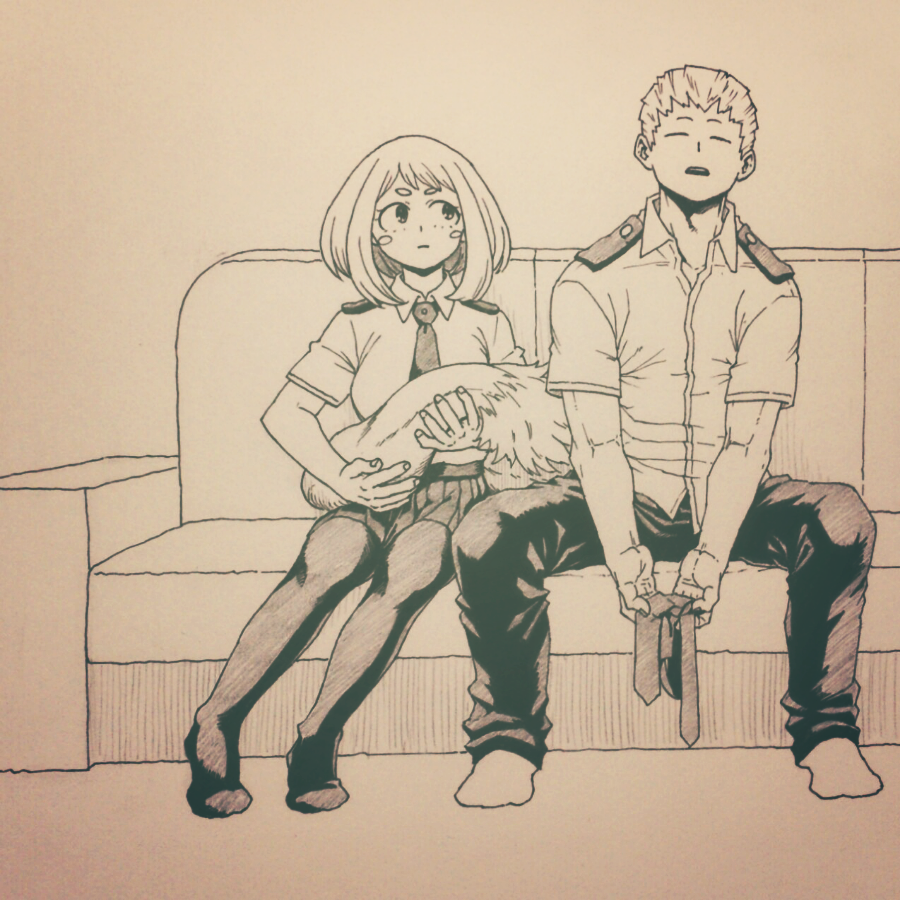 1boy 1girl belt boku_no_hero_academia breasts couch dimples large_breasts medium_hair monochrome moss_chicken necktie ojiro_mashirao pants school_uniform shoes short_hair sitting skirt socks tail u.a._school_uniform uraraka_ochako