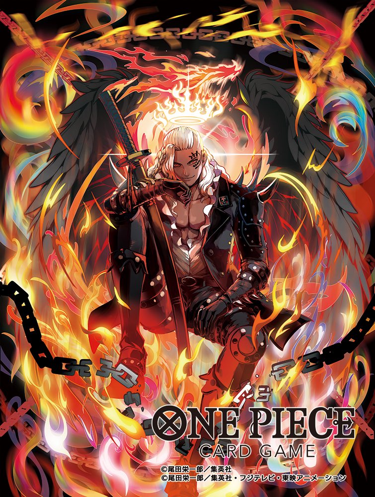 1boy black_gloves black_wings broken broken_chain chain commentary_request copyright_name crown facial_tattoo fire gloves jacket king_(one_piece) leather leather_jacket light_smile long_hair looking_at_viewer male_focus moreshan official_art one_piece one_piece_card_game shirt smile solo tattoo white_hair white_shirt wings