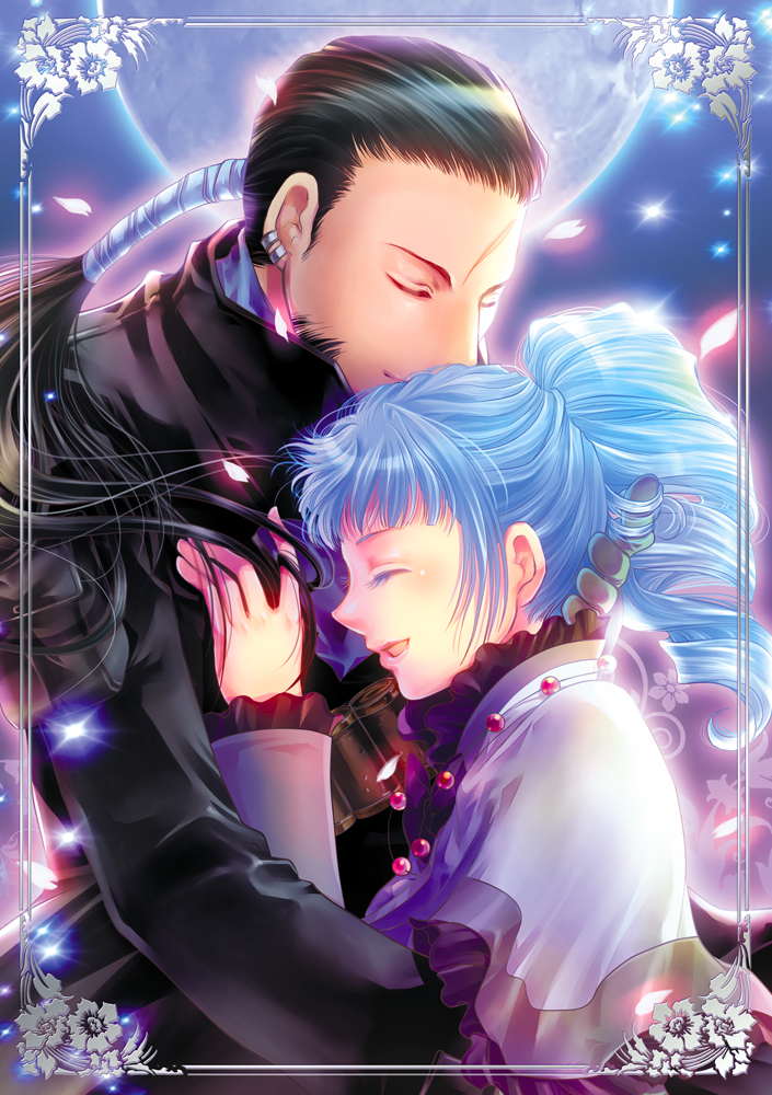 1boy 1girl alfa_system ange_serena bad_id bad_pixiv_id black_hair blue_background blue_hair closed_eyes coat couple curly_hair full_moon gloves hetero high_ponytail long_hair moon ponytail ricardo_soldato short_hair smile tales_of_(series) tales_of_innocence wakanu