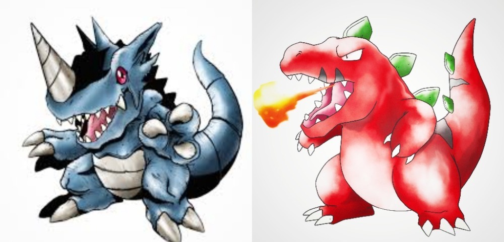digimon gen_1_pokemon horns nintendo parody pokemon red_eyes rhydon sharp_teeth style_parody tail teeth tyranomon