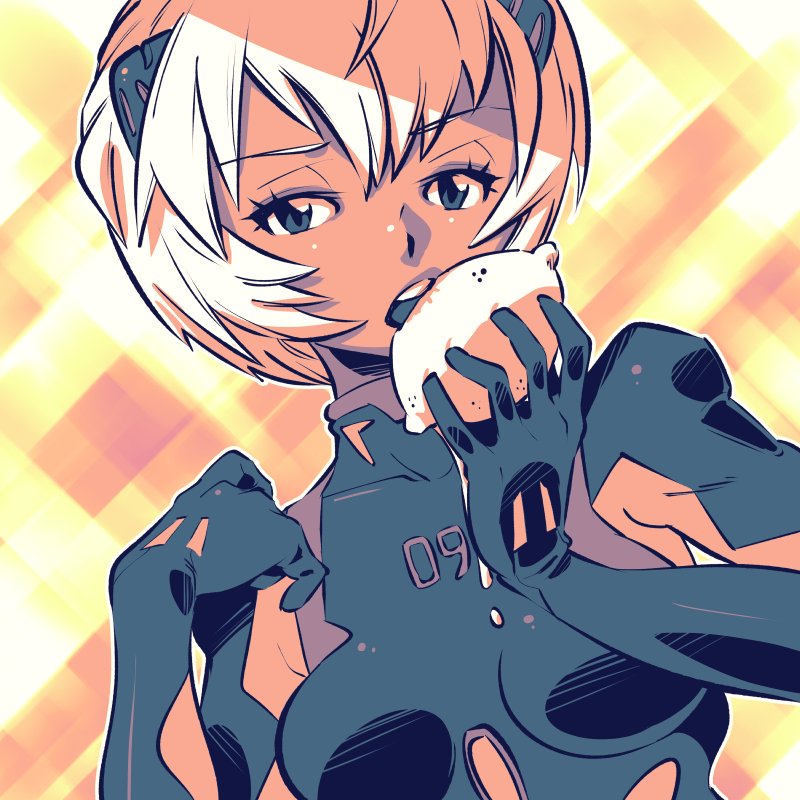 1girl ayanami_rei biting blonde_hair blue_bodysuit blue_eyes bodysuit breasts eating food fruit inktober interface_headset_(evangelion) lemon looking_at_viewer mecha_pilot_suit medium_breasts neon_genesis_evangelion orange_theme plugsuit_(evangelion) rafchu shiny_skin short_hair solo upper_body