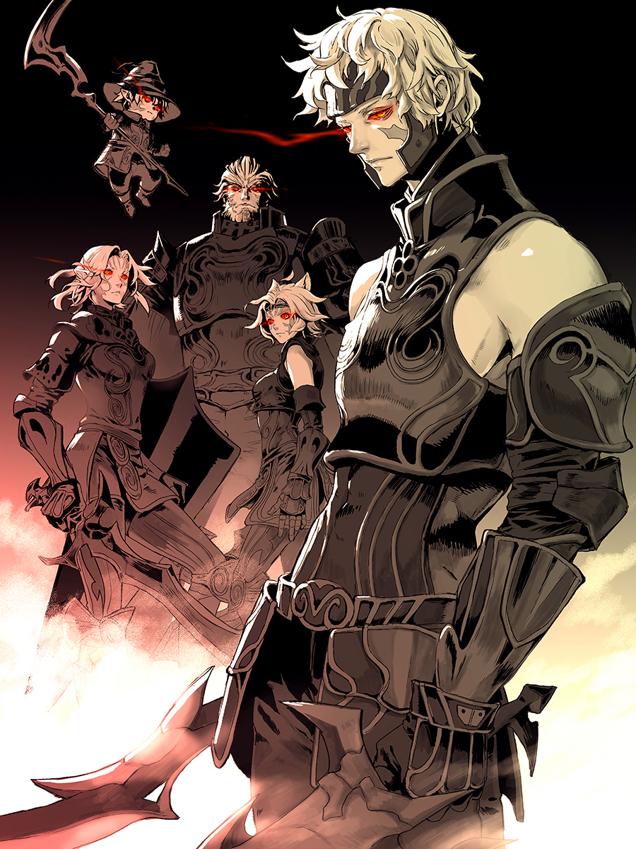 2girls 3boys animal_ears ark_angel ark_angel_ev ark_angel_gk ark_angel_hm ark_angel_mr ark_angel_tt armor bare_shoulders beard bellpepperart black_armor breasts cat_ears closed_mouth colored_sclera colored_skin commentary commission curtained_hair dual_wielding elf elvaan english_commentary facial_hair facial_mark final_fantasy final_fantasy_xi floating forehead_protector galka gauntlets glowing glowing_eyes hat highres holding holding_scythe holding_shield holding_sword holding_weapon hume medium_breasts mithra_(ff11) multiple_boys multiple_girls official_art pointy_ears red_eyes red_sclera scythe shield short_hair sword tarutaru weapon white_hair white_skin witch_hat