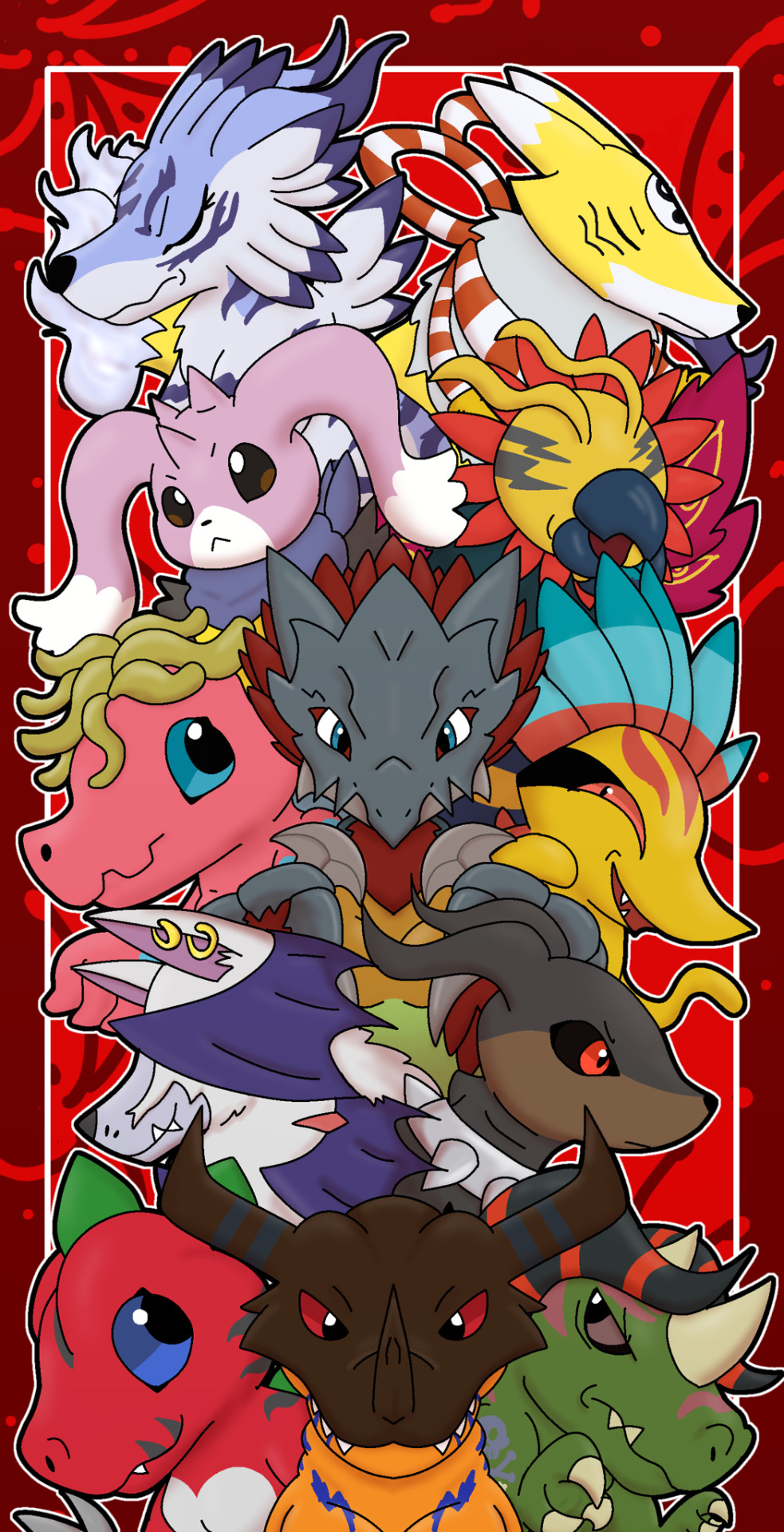 diatrymon digimon digimon_(creature) digimon_survive dobermon flymon garurumon greymon highres kyubimon sangloupmon shellmon spikes turuiemon tuskmon tyranomon vegimon