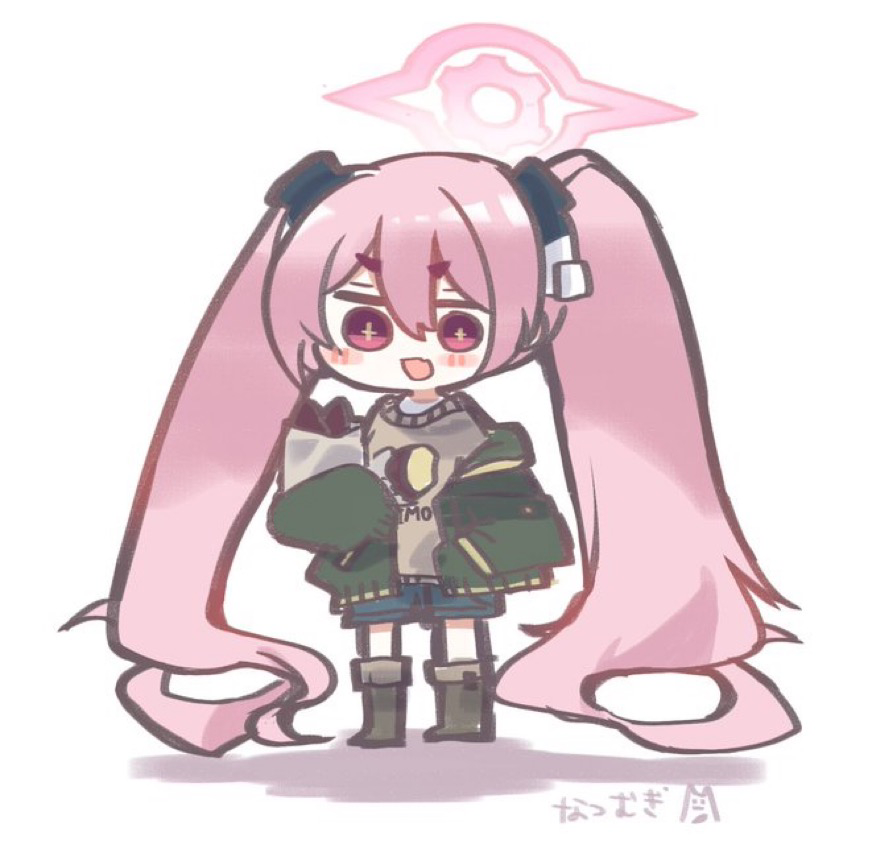 1girl alternate_costume artist_name bag blue_archive blush_stickers boots brown_boots brown_sweater commentary_request denim denim_shorts fang food green_jacket hair_ornament halo jacket koyuki_(blue_archive) long_hair multicolored_clothes natsu_ya_mugi paper_bag pink_eyes pink_hair pink_halo print_sweater roasted_sweet_potato shirt shirt_under_sweater short_eyebrows shorts skin_fang sleeves_past_fingers sleeves_past_wrists solo star-shaped_pupils star_(symbol) sweater sweet_potato symbol-shaped_pupils thick_eyebrows twintails very_long_hair white_shirt