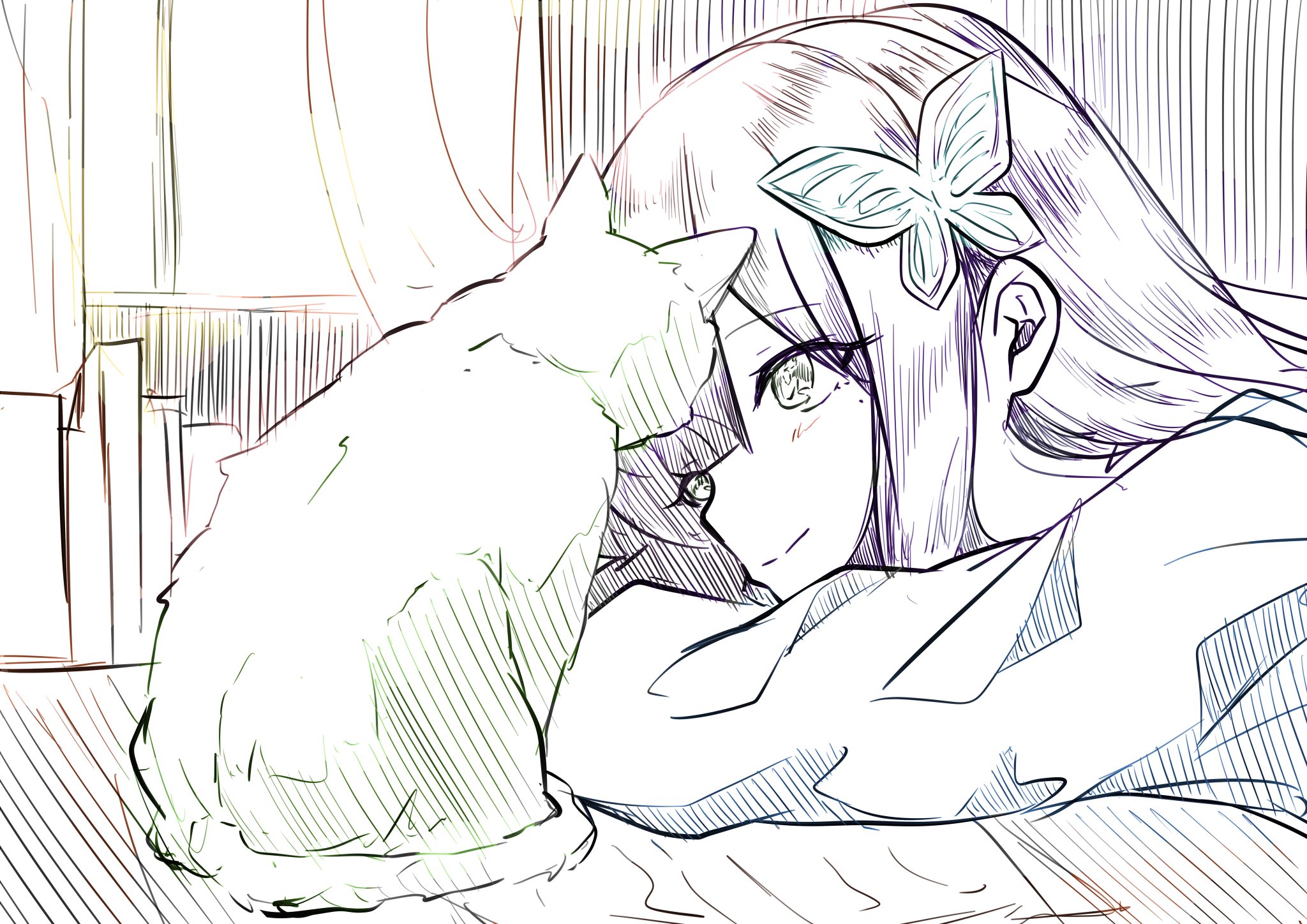 1girl arm_on_table assault_lily blush book butterfly_hair_ornament closed_mouth commentary curtains funada_kiito green_eyes hair_ornament head_rest highres houji_tea_latte jacket long_hair long_sleeves looking_at_animal mole mole_under_eye monochrome purple_hair smile solo spot_color symbol-only_commentary table upper_body window