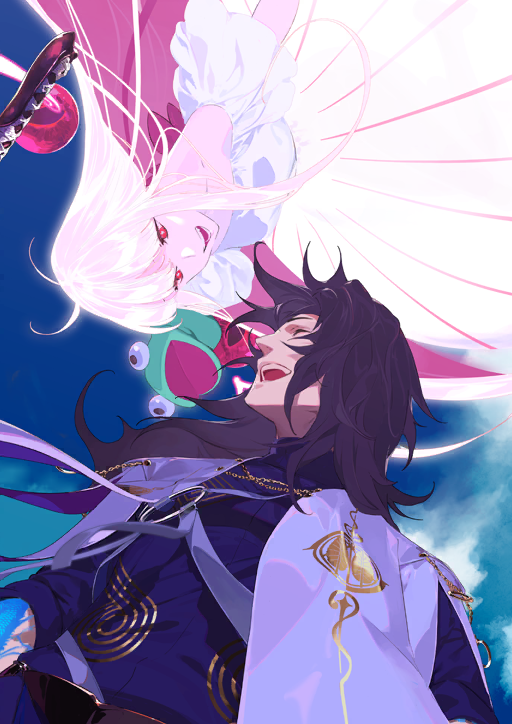 1boy 1girl :d arm_tattoo black_hair blue_background blue_robe bright_pupils cloak closed_eyes colored_skin couple dress fate/grand_order fate_(series) floating floating_hair game_cg glowing glowing_hair glowing_tattoo high_collar long_hair long_sidelocks looking_at_another off-shoulder_dress off_shoulder official_art open_mouth oryou_(fate) oryou_(lancer)_(fate) pink_hair pink_skin red_eyes robe rotational_symmetry sakamoto_ryouma_(fate) sakamoto_ryouma_(lancer)_(fate) short_sleeves sidelocks smile tattoo teeth third-party_source upside-down variant_set white_cloak white_dress white_pupils