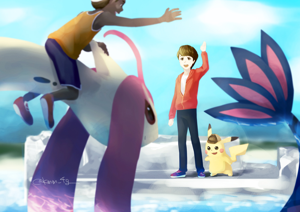 2boys :d brown_eyes brown_hair clothed_pokemon commentary_request creature dark-skinned_male dark_skin deerstalker detective_pikachu_(character) detective_pikachu_(game) detective_pikachu_(series) eye_contact gen_1_pokemon gen_3_pokemon hat kimimi_(kmm) looking_at_another milo_green milotic multiple_boys nintendo open_mouth pikachu pokemon pokemon_(creature) riding riding_pokemon signature smile standing tim_goodman waving