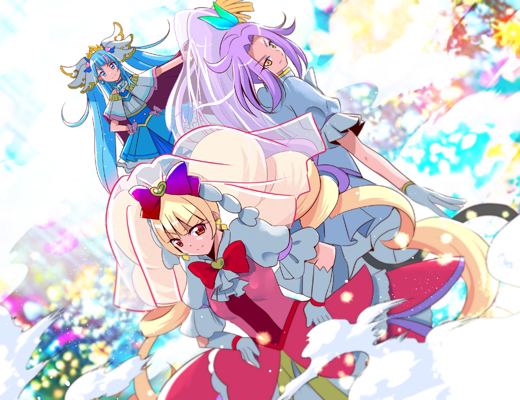 3girls adapted_costume aisaki_emiru blonde_hair blue_dress blurry blurry_background boots bow bowtie cape closed_mouth commentary_request cure_beat cure_macherie cure_sky cut_bangs depth_of_field dress dress_bow drill_hair dutch_angle earrings gloves hair_bow hair_ornament hand_on_own_hip hands_on_own_hips hirogaru_sky!_precure hugtto!_precure in-franchise_crossover jewelry kurokawa_eren long_hair looking_at_viewer looking_back magical_girl medium_dress mitumi_mira multicolored_hair multiple_girls partial_commentary pink_boots precure purple_hair red_bow red_bowtie red_cape red_dress red_eyes side_ponytail single_sidelock smile sora_harewataru standing streaked_hair suite_precure sunlight two-sided_cape two-sided_fabric two_side_up very_long_hair white_cape white_gloves wing_hair_ornament yellow_eyes