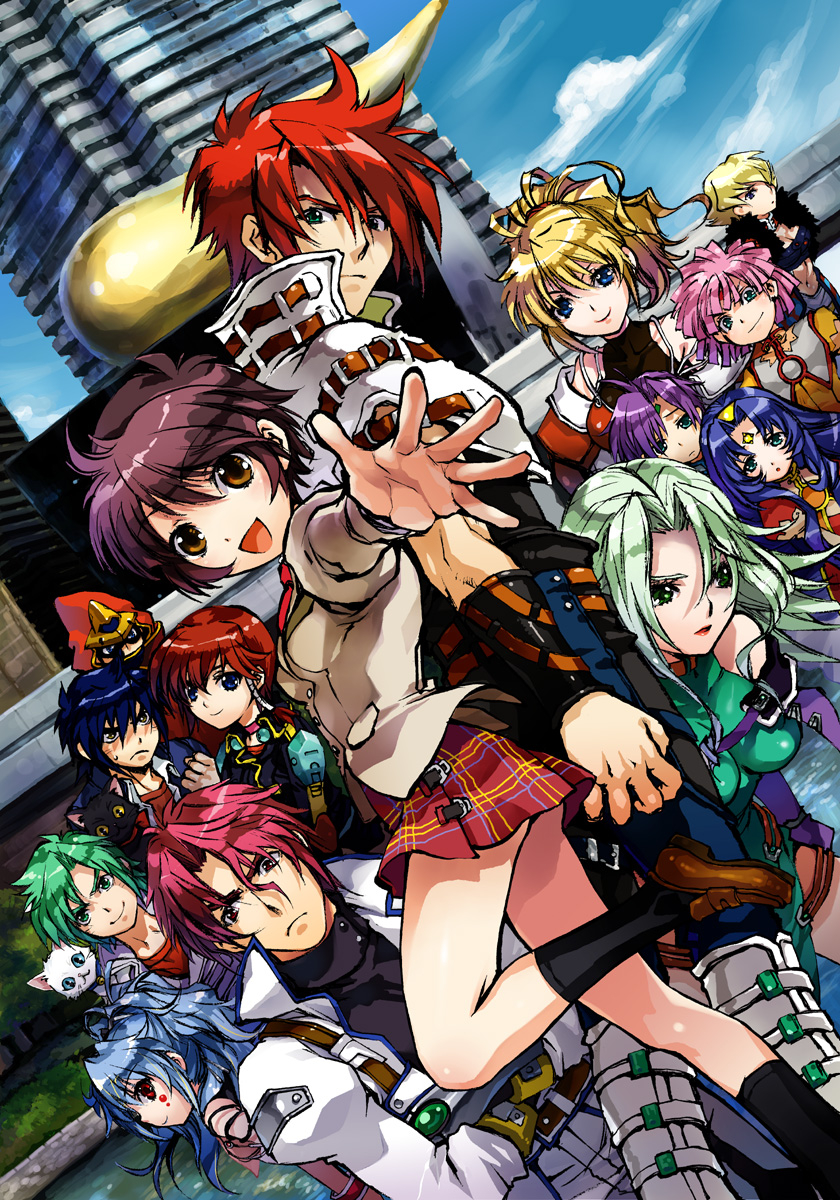 &gt;:) 6+girls :3 alfimi arm_guards arms_at_sides axel_almer back-to-back banpresto bare_shoulders black_cat black_legwear blonde_hair blue_eyes blue_hair blue_sky blush boots breasts brown_eyes brown_footwear buckle building cat clenched_hand closed_mouth colored_sclera day despinis dutch_angle everyone excellen_browning expressionless facepaint facial_mark fighter_roar fiona_gureden folka_albark forehead_mark foreshortening fur_trim gradient_hair green_eyes green_hair hair_between_eyes hairband height_difference helmet highres impossible_clothes juliet_sleeves knee_boots kouta_azuma kuro_(srw) lalia lamia_loveless leaning_forward leg_up loafers long_hair long_sleeves looking_at_viewer looking_to_the_side masaki_andoh maythis_mark medium_breasts miniskirt multicolored_hair multiple_girls nakamura_kanko navel outdoors outstretched_arm palms pink_hair plaid_clothes plaid_skirt pleated_skirt ponytail profile puffy_sleeves purple_hair red_eyes red_hair red_lips red_skirt school_uniform shiro_(srw) shoes short_hair shouko_azuma skirt sky skyscraper small_breasts smile spread_fingers standing standing_on_one_leg stomach super_robot_wars super_robot_wars_original_generation super_robot_wars_original_generation_gaiden super_robot_wars_the_lord_of_elemental sweatdrop thigh_strap tis_(srw) upper_body v-shaped_eyebrows white_cat white_footwear yellow_hairband yellow_sclera