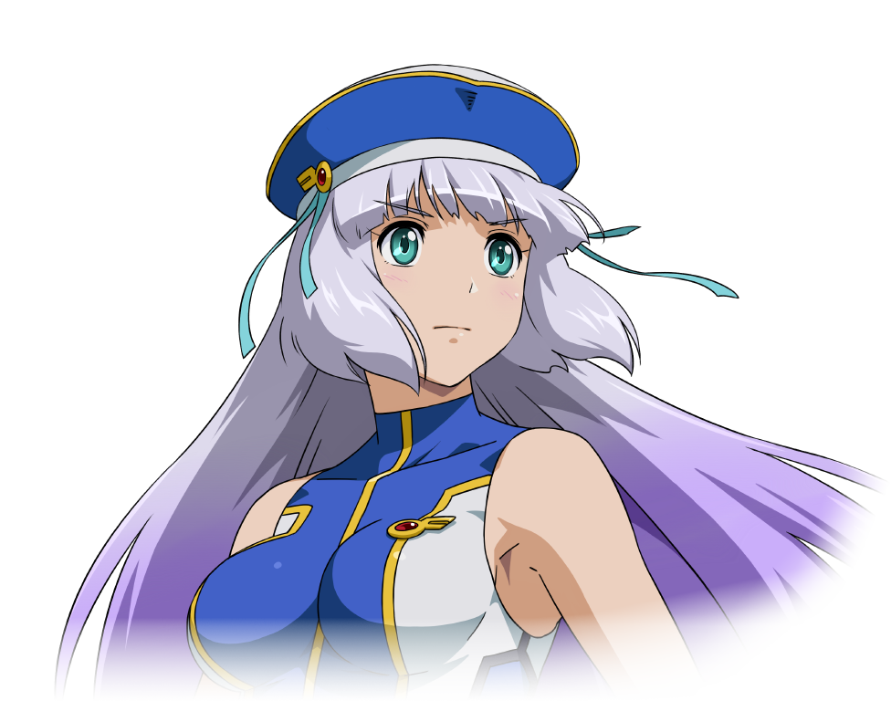 blue_hat bra breasts crop_top green_eyes gundam gundam_exa hat large_breasts non-web_source official_art purple_hair sthesia_awar training_bra underwear