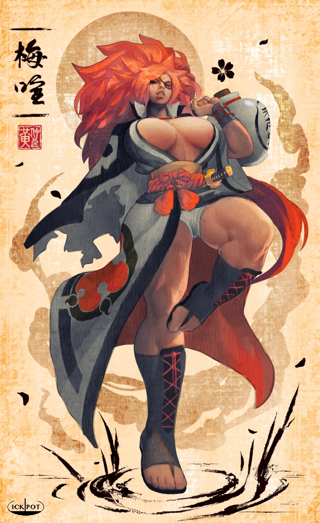 1girl arc_system_works artist_name baiken black_footwear boots breasts cork eyepatch guilty_gear guilty_gear_strive holding_vase ickpot japanese_clothes kimono knee_boots large_breasts panties pink_hair sandals sheath sheathed solo standing standing_on_one_leg sword tagme toeless_footwear underwear weapon white_panties