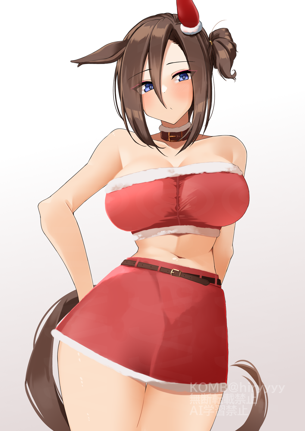 1girl air_groove_(umamusume) animal_ears arm_behind_back bare_shoulders breasts cleavage commentary_request cowboy_shot dress ear_covers fur-trimmed_skirt fur-trimmed_tube_top fur_trim hand_on_own_hip highres horse_ears horse_girl horse_tail komb large_breasts navel ponytail red_shirt red_skirt santa_costume santa_dress shirt short_hair shorts simple_background single_ear_cover skirt solo stomach strapless tail tube_top umamusume watermark white_background