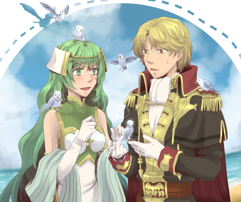 1boy 1girl akubimikan armor bare_shoulders beach bird blonde_hair blush breastplate camus_(fire_emblem) cape capelet circlet epaulettes feathered_wings fire_emblem fire_emblem_echoes:_shadows_of_valentia gloves green_eyes green_hair long_hair nintendo open_mouth sky tatiana_(fire_emblem) upper_body water wavy_hair wings yellow_eyes