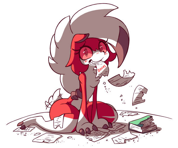 1girl animal_ears blush book claws colored_sclera diives furry furry_female gen_7_pokemon grin lycanroc lycanroc_(midnight) mouth_hold nintendo paper pokemon pokemon_(creature) red_eyes red_sclera smile solo tail tail_wagging white_hair wolf_ears wolf_girl