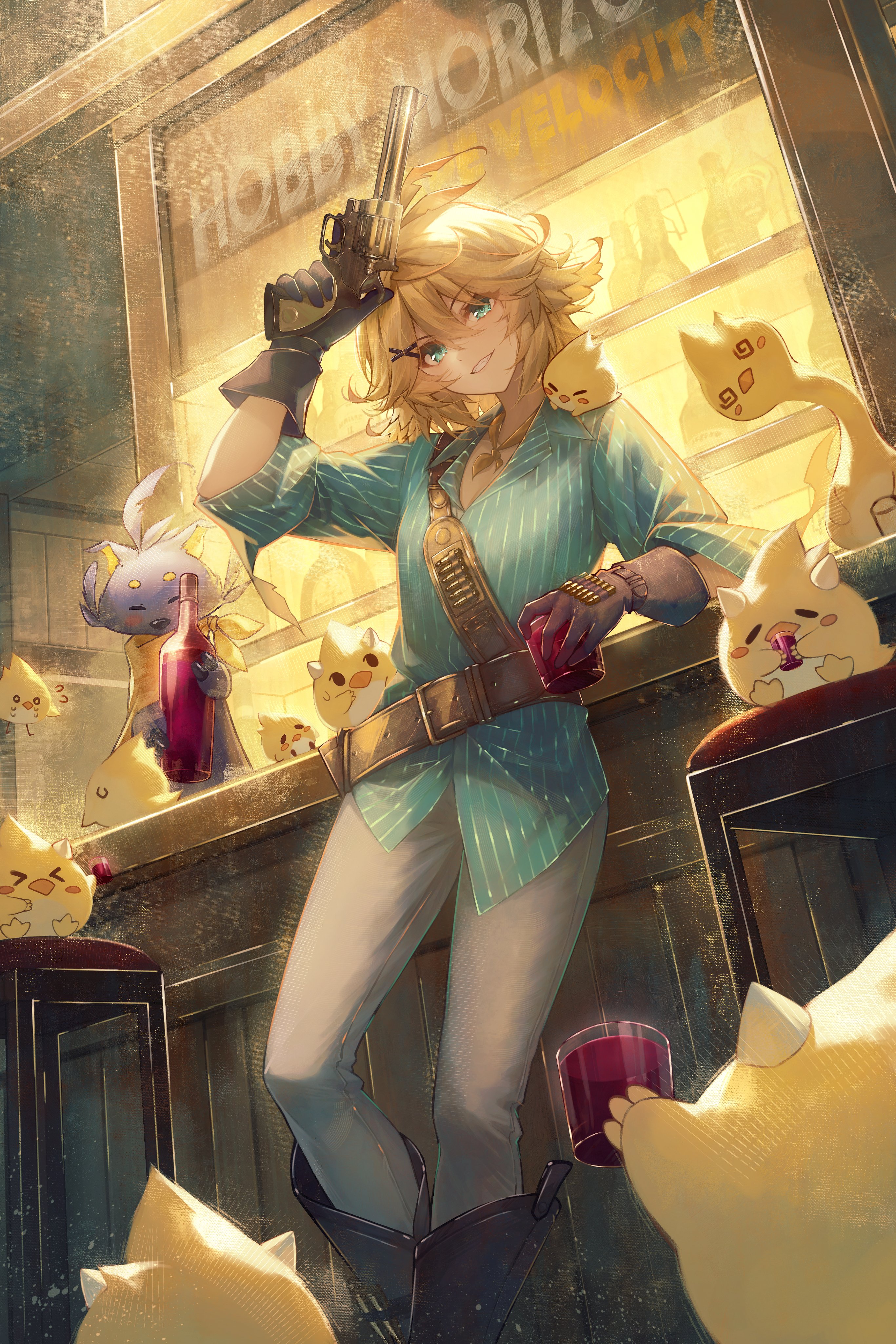 1girl @_@ absurdres alcohol aqua_eyes aqua_shirt bar_(place) bar_stool belt black_boots black_gloves blonde_hair boots bottle brown_belt cartridge commentary cup doki_amber_doge_(dokibird) dokibird_(vtuber) dokibird_(vtuber)_(bounty_hunter) drinking_glass dutch_angle english_commentary english_text feet_out_of_frame from_below gloves gun hair_ornament hairclip handgun highres holding holding_cup holding_gun holding_weapon ijac_ray indie_virtual_youtuber indoors leaning_on_table looking_at_viewer medium_hair neckerchief orange_neckerchief pants revolver shirt sleeves_pushed_up smile smoke solo stool untucked_shirt virtual_youtuber weapon white_pants wine_bottle