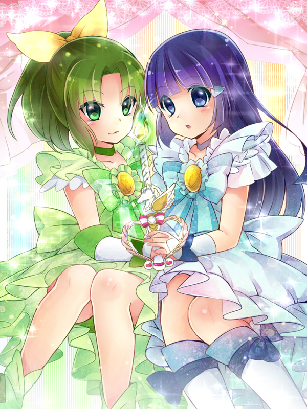 2girls aoki_reika arm_warmers blue_dress blue_eyes blue_hair boots choker cosplay cure_beauty cure_beauty_(cosplay) cure_beauty_(princess_form) cure_march cure_march_(cosplay) cure_march_(princess_form) dress fingerless_gloves gloves green_dress green_eyes green_hair hair_ornament hair_ribbon haori_(ki-na-ri) holding_hands long_hair midorikawa_nao multiple_girls ponytail precure princess_form_(smile_precure!) ribbon smile_precure! wrist_cuffs yuri
