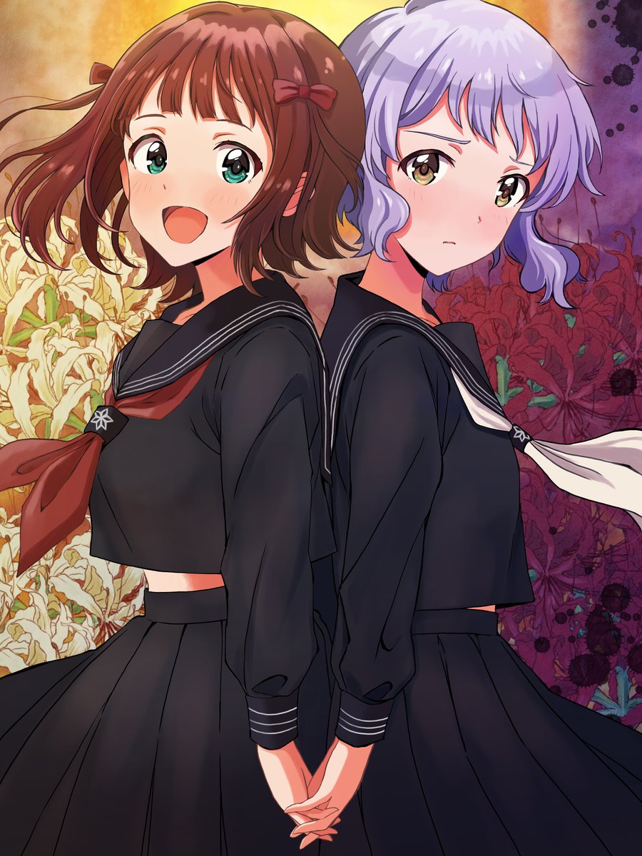 2girls :d amami_haruka aqua_eyes ascot back-to-back black_serafuku black_shirt black_skirt blunt_bangs blush bow brown_eyes brown_hair closed_mouth contrast crop_top flipped_hair flower grey_hair hair_bow highres holding_hands idolmaster idolmaster_(classic) idolmaster_million_live! idolmaster_million_live!_theater_days light_frown looking_at_viewer makabe_mizuki medium_hair multiple_girls multiple_hair_bows open_mouth pleated_skirt red_ascot red_bow school_uniform serafuku shirt short_hair sidelocks skirt smile spider_lily wavy_ends white_ascot white_flower white_spider_lily yo_hae_you