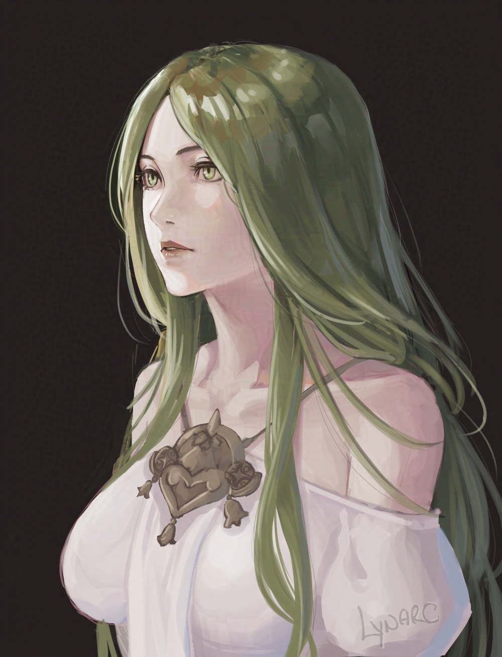 1girl artist_name breasts brown_background commentary dress eyelashes fire_emblem fire_emblem:_three_houses green_eyes green_hair highres long_hair looking_ahead lynarc medium_breasts nintendo parted_lips pink_lips rhea_(fire_emblem) simple_background solo white_dress