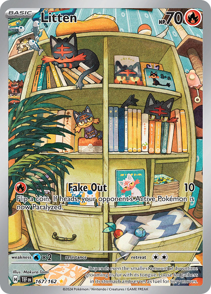 alternate_color animal_focus artist_name berry_(pokemon) book bookshelf card_(medium) cat character_name cheri_berry closed_eyes company_name copyright_name copyright_notice drawer english_text fluffy_tail_(pokemon) gen_1_pokemon gen_6_pokemon gen_7_pokemon incineroar indoors legendary_pokemon litten meowstic meowstic_(female) meowstic_(male) meowth mythical_pokemon nintendo no_humans official_art oran_berry picture_frame plant poke_ball_theme pokemon pokemon_(creature) pokemon_card pokemon_focus pokemon_tcg potted_plant shiny_pokemon sleeping tami_yagi third-party_source trading_card wishiwashi wishiwashi_(solo) zeraora