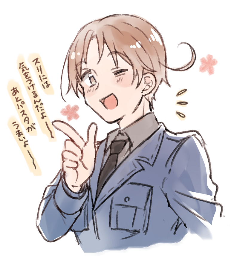 1boy ahoge axis_powers_hetalia black_necktie blue_jacket blush breast_pocket brown_eyes brown_hair collared_shirt commentary_request flower grey_shirt hand_up jacket lapels long_sleeves looking_at_viewer male_focus military_jacket nbsr necktie northern_italy_(hetalia) notice_lines one_eye_closed open_mouth pink_flower pocket shirt short_hair simple_background smile solo translation_request upper_body white_background