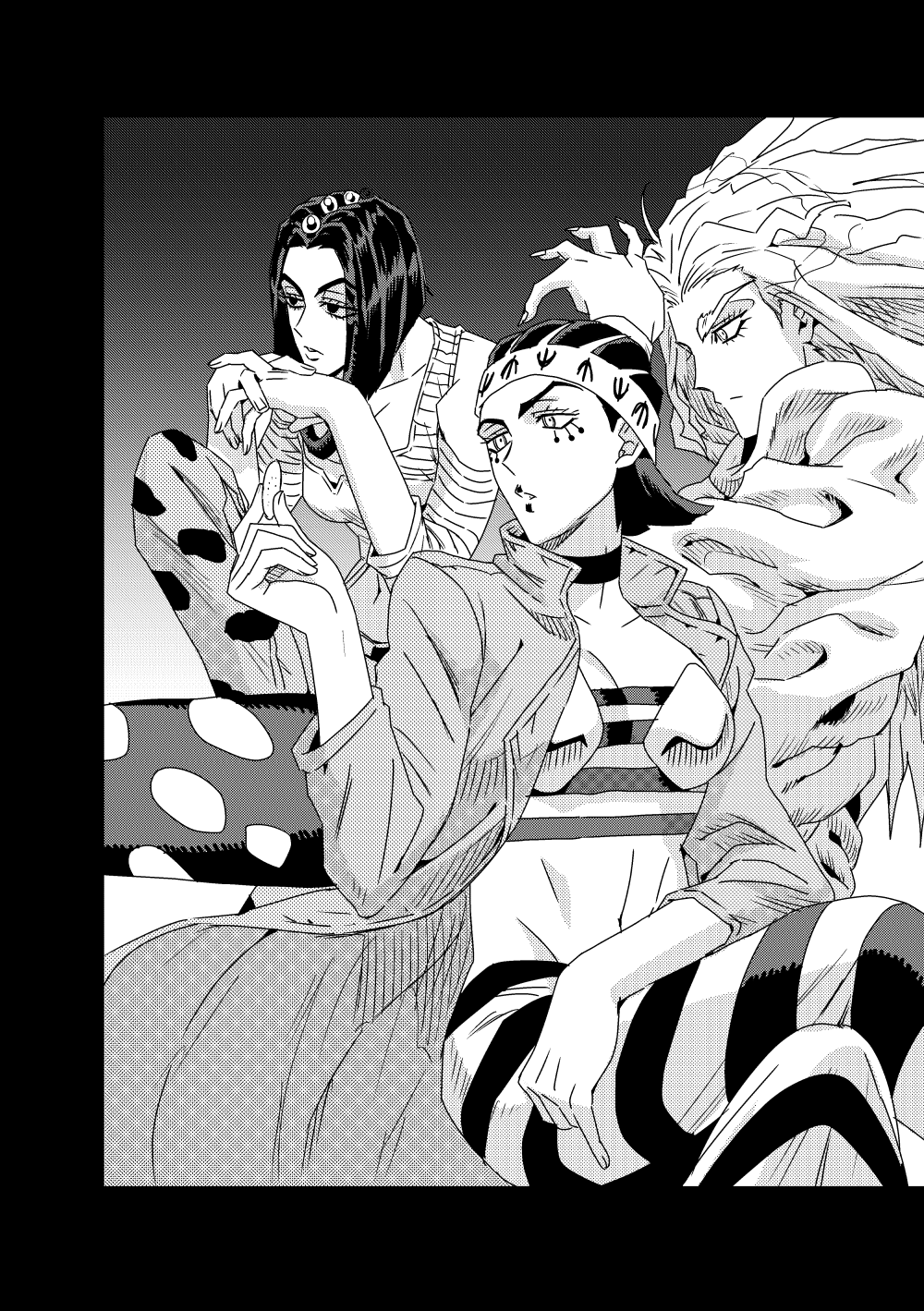 3girls breasts choker cleavage coat commentary_request detached_sleeves facial_mark forehead greyscale gwess hat highres jeonjin_(mynamebazin) jojo_no_kimyou_na_bouken kicking korean_commentary lipstick long_hair makeup medium_breasts midriff military_vehicle mirashon miuccia_miuller monochrome motor_vehicle multiple_girls navel pants polka_dot_pants stone_ocean strapless striped_clothes striped_pants tank tube_top