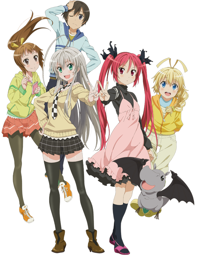 2boys 3girls :d ahoge ankle_boots black_eyes blonde_hair blue_eyes boots bow brown_eyes brown_hair cthugha_(nyaruko-san) dress full_body green_eyes hair_bow haiyore!_nyaruko-san hand_on_own_hip hastur_(nyaruko-san) hood hoodie huge_ahoge kurei_tamao long_hair multiple_boys multiple_girls necktie notepad nyarlathotep_(nyaruko-san) official_art one_eye_closed open_mouth pantyhose pen pink_dress pink_skirt ponytail raglan_sleeves red_eyes red_hair shantak_(nyaruko-san) shoes silver_hair skirt smile sneakers socks thighhighs transparent_background turtleneck twintails very_long_hair wink yasaka_mahiro