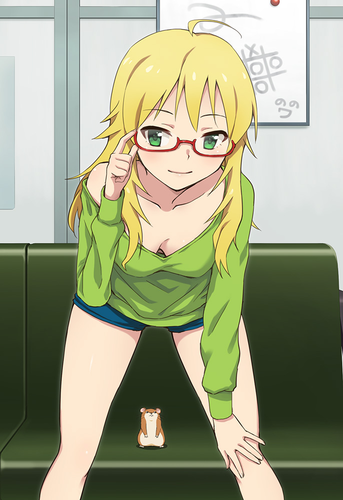 1girl ahoge bent_over bespectacled blonde_hair blush breasts cleavage collarbone couch downblouse extended_downblouse female_focus glasses green_eyes hamuzou hand_on_own_knee hashi hoshii_miki idolmaster idolmaster_(classic) leaning_forward long_hair namco nonowa red-framed_eyewear semi-rimless_eyewear sexually_suggestive shorts smile solo tic-tac-toe under-rim_eyewear whiteboard