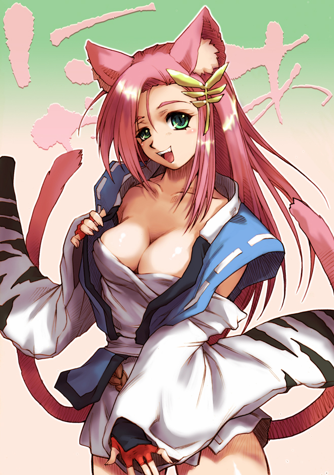 1girl animal_ears banpresto breasts cat_ears cat_tail cleavage female_focus fingerless_gloves gloves green_eyes hair_ornament hairpin hisahiko infinite_frontier koma_(srw) large_breasts long_hair multiple_tails pink_hair smile solo super_robot_wars super_robot_wars_og_saga_mugen_no_frontier tail undressing