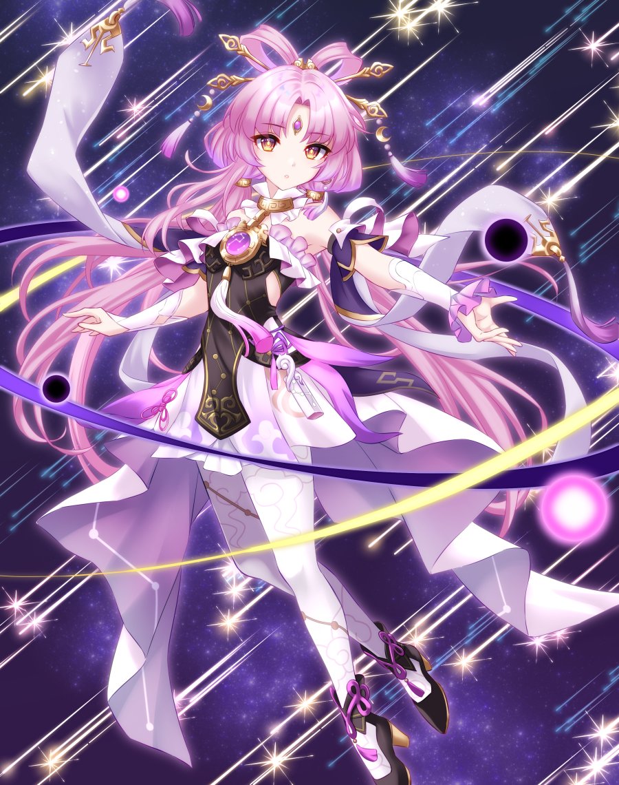 bare_shoulders black_dress brooch choker dress fu_xuan_(honkai:_star_rail) galaxy hair_ornament high_heels honkai:_star_rail honkai_(series) jewelry kakiko210 long_hair meteor_shower pantyhose pink_brooch pink_eyes pink_hair pleated_dress pleated_skirt purple_background purple_sky skirt sky star_(sky) star_brooch starry_sky third_eye twintails white_dress white_pantyhose white_skirt yellow_eyes