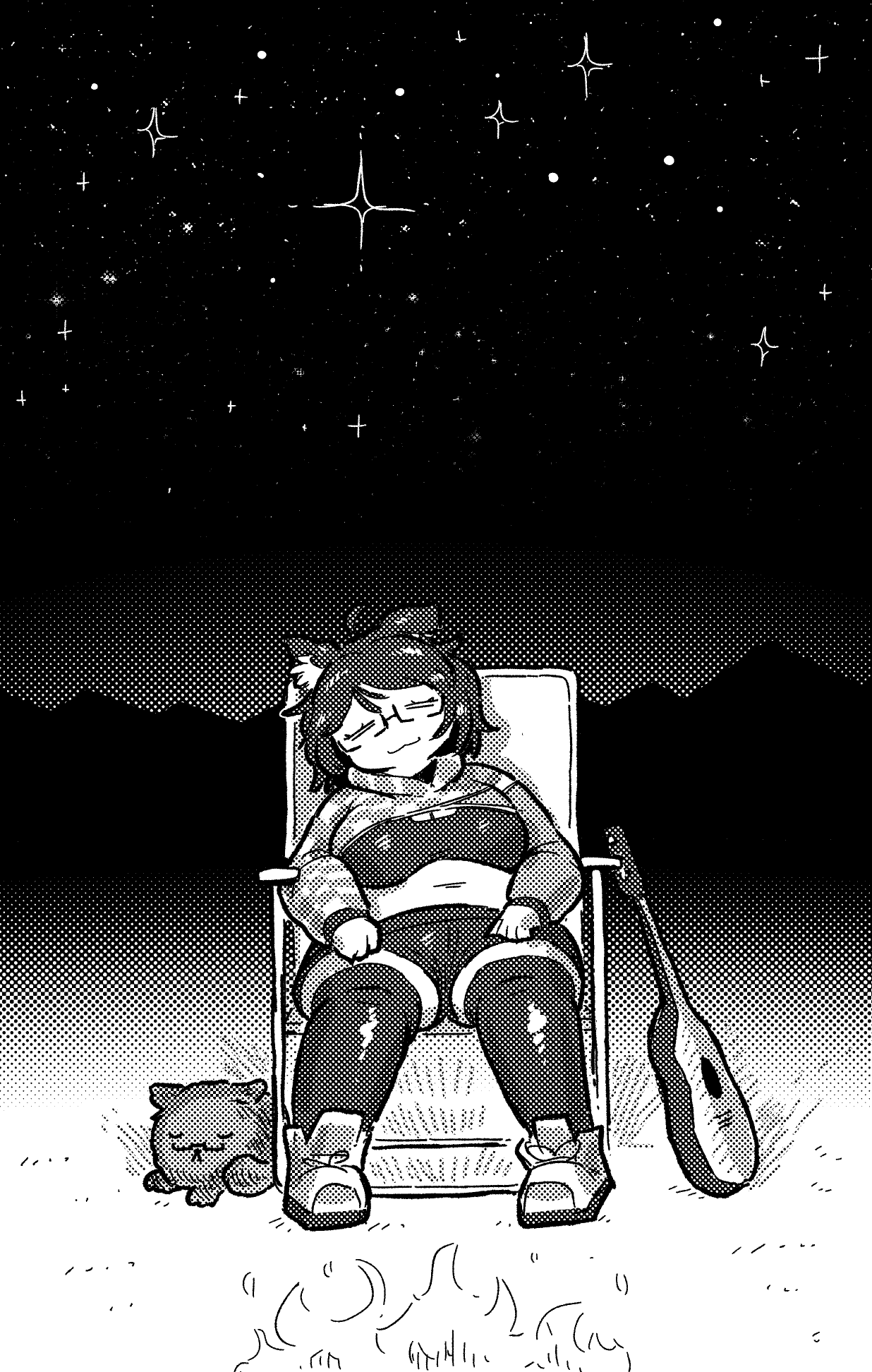 1girl :3 ahoge animal_ears breasts campfire chair cropped_hoodie dog_ears edie_crop_hoodie guitar halftone highres hood hoodie indie_virtual_youtuber instrument large_breasts medium_breasts meme_attire mint_castella mint_castella_(1st_costume) monochrome mountainous_horizon navel night night_sky on_chair oomfie_(mint_castella) plump short_hair sky sleeping star_(sky) starry_sky thighhighs virtual_youtuber william_leonard