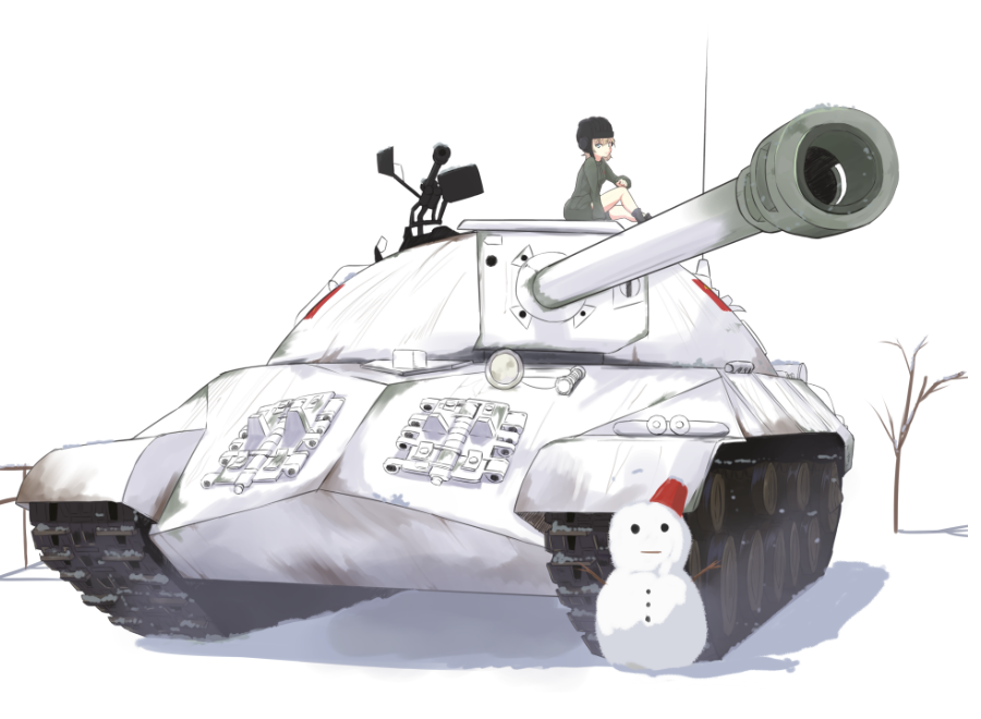 10s 1girl blonde_hair blue_eyes caterpillar_tracks emblem girls_und_panzer gun is-3 katyusha_(girls_und_panzer) machine_gun military military_vehicle motor_vehicle pravda_(emblem) pravda_military_uniform short_hair simple_background snowman tank tree tsuru_(tsubasa1993621) weapon white_background