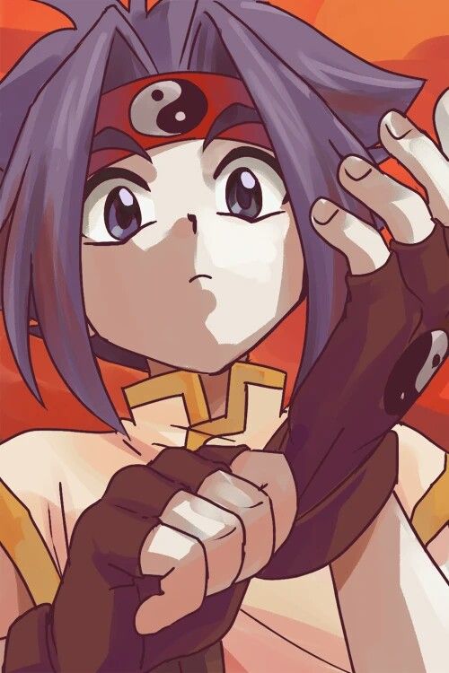 1boy bakuten_shoot_beyblade beyblade fingerless_gloves gloves headband kon_rei looking_at_viewer red_background tagme yin_yang yin_yang_print