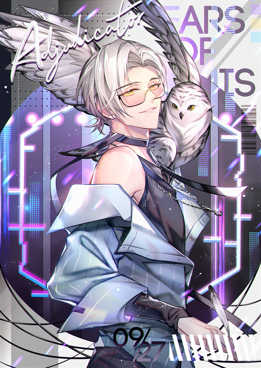 1boy animal animal_on_shoulder barcode bare_shoulders between_fingers bird bird_on_shoulder black_choker black_pants black_tank_top blue_jacket cable chinese_commentary choker copyright_name cowboy_shot curtained_hair dated feathers from_side glasses glitch grey_background highres holding holding_feather jacket jewelry long_sleeves looking_at_viewer looking_to_the_side low_ponytail male_focus necklace owl pants parted_bangs parted_lips pendant_choker ponytail purple_background s_(olath) short_hair single_off_shoulder sleeves_past_wrists smile solo striped_clothes striped_jacket tank_top tears_of_themis vertical-striped_clothes vertical-striped_jacket vyn_richter_(tears_of_themis) white_hair yellow_eyes