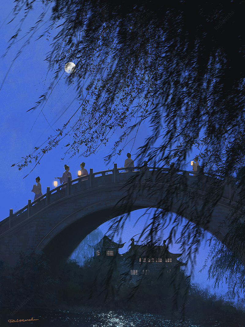 6+girls architecture black_hair blue_sky bridge chinese_clothes chinese_commentary commentary_request east_asian_architecture gibbous_moon hair_bun hanfu holding holding_lantern lantern moon multiple_girls night night_sky original paper_lantern redmatcha river short_hair signature single_hair_bun sky tree updo white_hanfu wide_shot willow