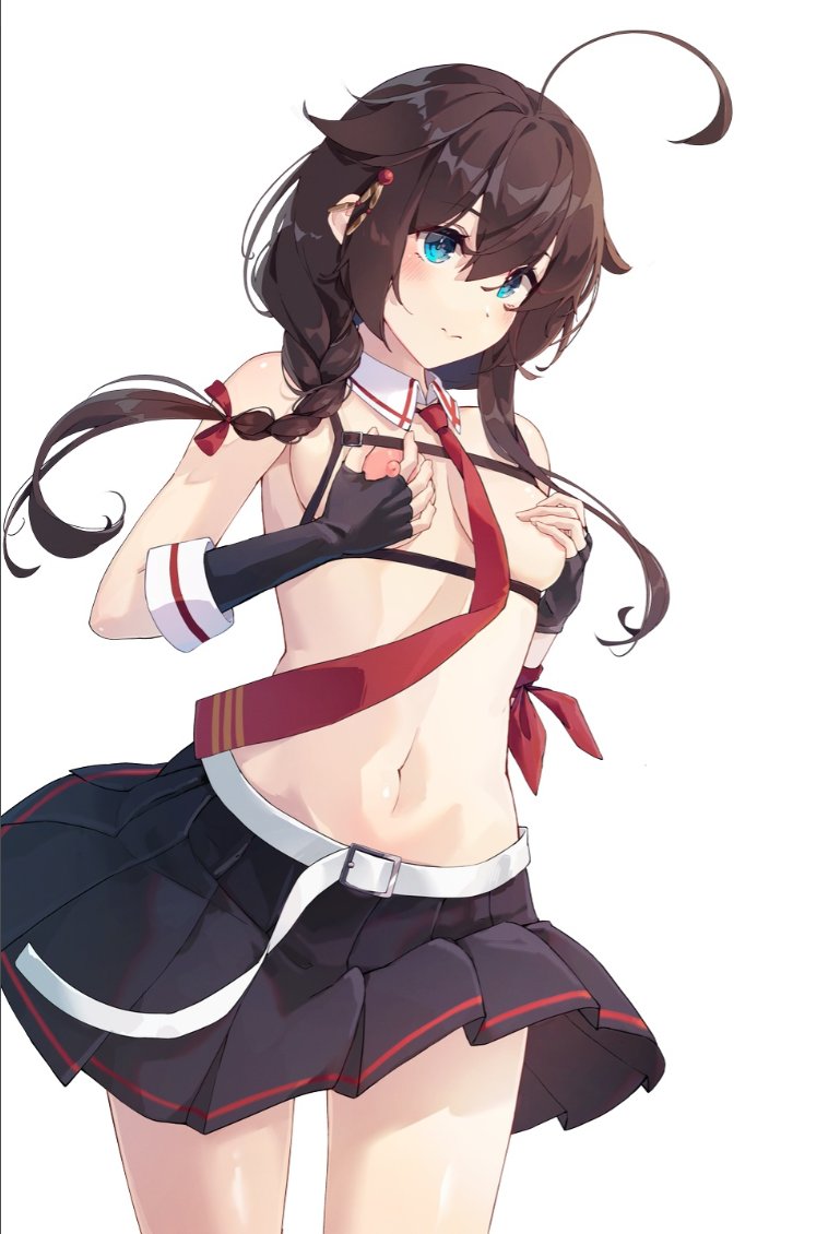 1girl ahoge belt black_gloves black_hair black_skirt blue_eyes braid breasts brown_hair collared_shirt cowboy_shot fingerless_gloves gloves grabbing_own_breast gradient_background hair_flaps hair_over_shoulder hands_on_own_chest himeyamato kantai_collection looking_at_viewer necktie nipples pleated_skirt red_necktie shigure_(kancolle) shigure_kai_san_(kancolle) shirt simple_background single_braid skirt solo topless_female two-tone_shirt white_background white_belt