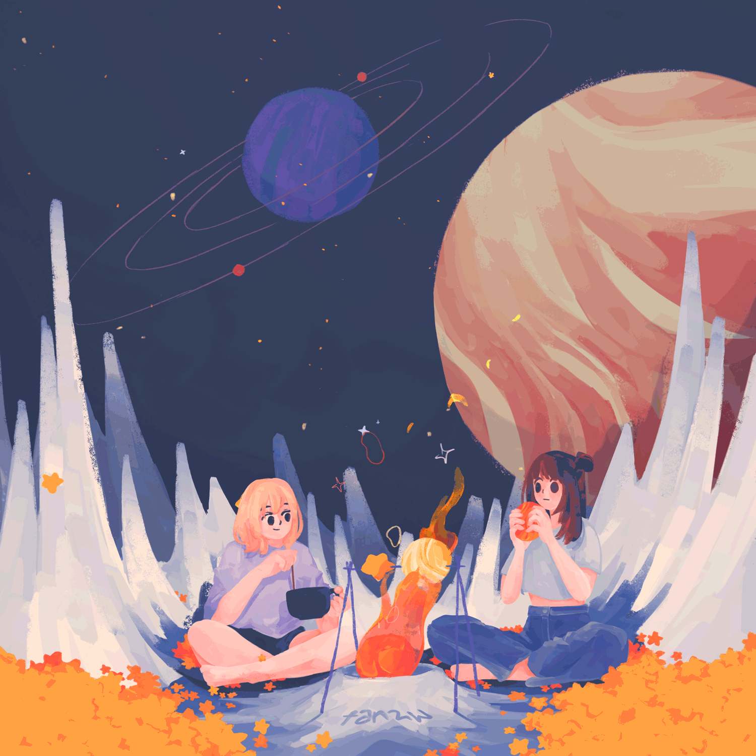 2girls animated animated_gif artist_name barefoot black_eyes blonde_hair blue_pants brown_hair campfire crop_top eating half_updo highres indian_style long_hair looping_animation medium_hair multiple_girls no_lineart original pants planet shooting_star shorts sitting sky solid_eyes star_(sky) star_(symbol) starry_sky stirring tan2w