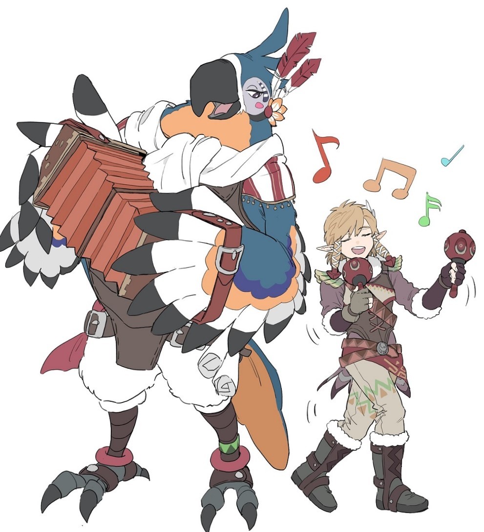 2boys accordion black_eyes boots brown_hair closed_eyes full_body furry furry_male gloves grey_boots gyou_chin holding holding_instrument holding_maracas instrument kass link male_focus maracas multiple_boys music musical_note nintendo open_mouth partially_fingerless_gloves playing_instrument pointy_ears simple_background the_legend_of_zelda the_legend_of_zelda:_breath_of_the_wild white_background