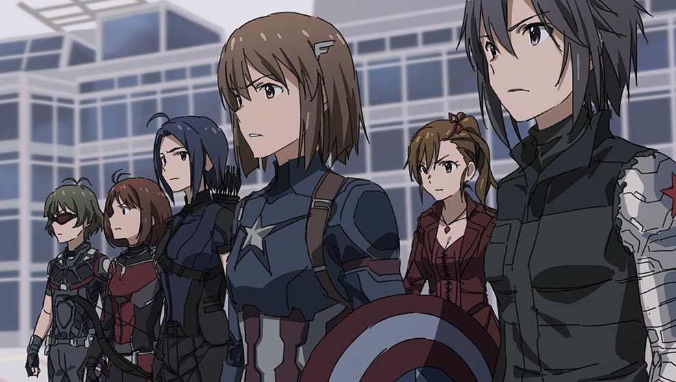 1boy 5girls ahoge akizuki_ryo ant-man ant-man_(cosplay) black_hair blue_hair bow_(weapon) brown_hair captain_america captain_america:_civil_war captain_america_(cosplay) captain_america_(series) captain_america_civil_war cosplay futami_mami glasses gloves hagiwara_yukiho hawkeye_(marvel) hawkeye_(marvel)_(cosplay) hidaka_ai idolmaster idolmaster_(classic) idolmaster_dearly_stars jewelry kikuchi_makoto marvel marvel_cinematic_universe miura_azusa multiple_girls necklace parody quiver scarlet_witch scarlet_witch_(cosplay) shield side_ponytail sunglasses taku1122 the_falcon the_falcon_(cosplay) weapon winter_soldier winter_soldier_(cosplay)
