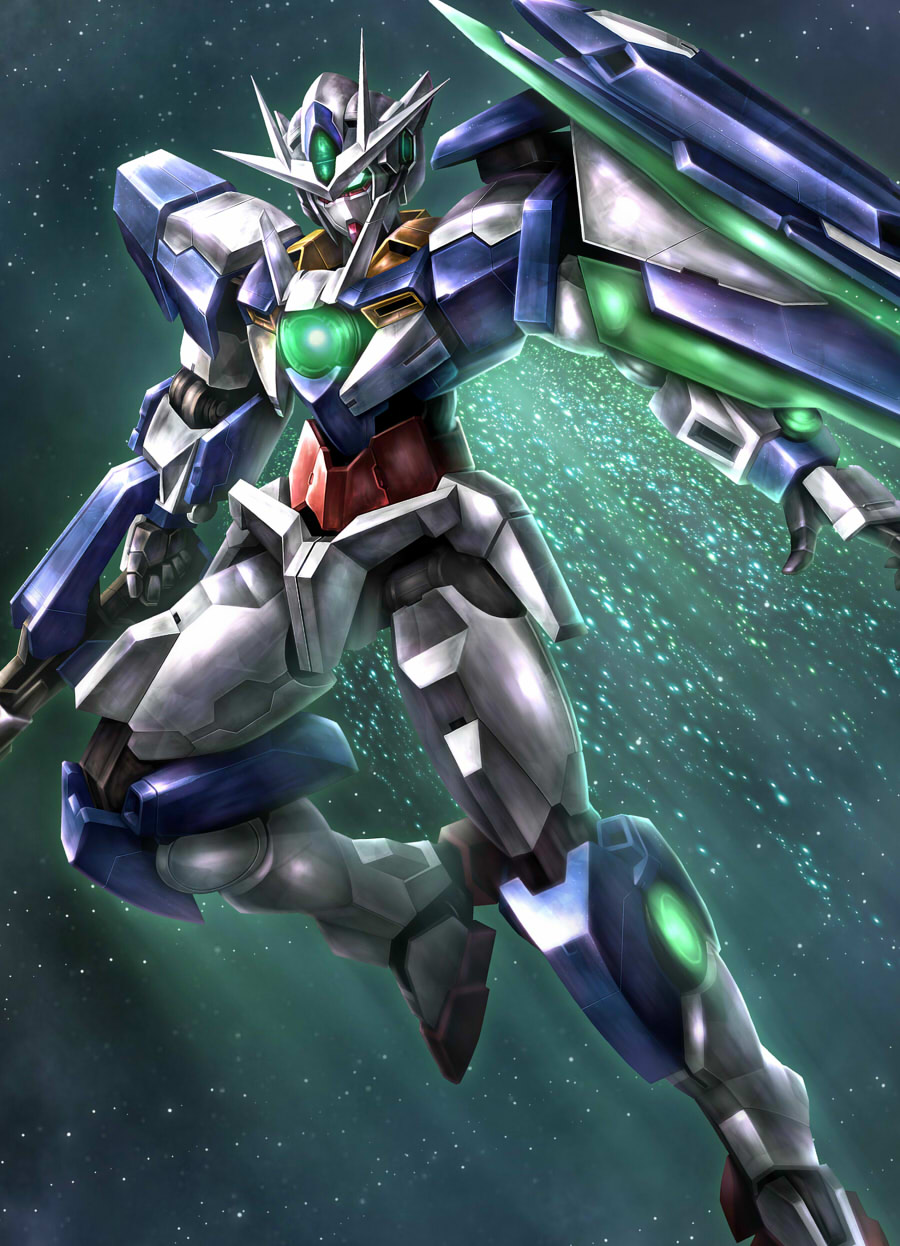 00_qan[t] 1other flying green_eyes gundam gundam_00 gundam_00_a_wakening_of_the_trailblazer highres mecha mecha_focus mobile_suit robot space sword weapon