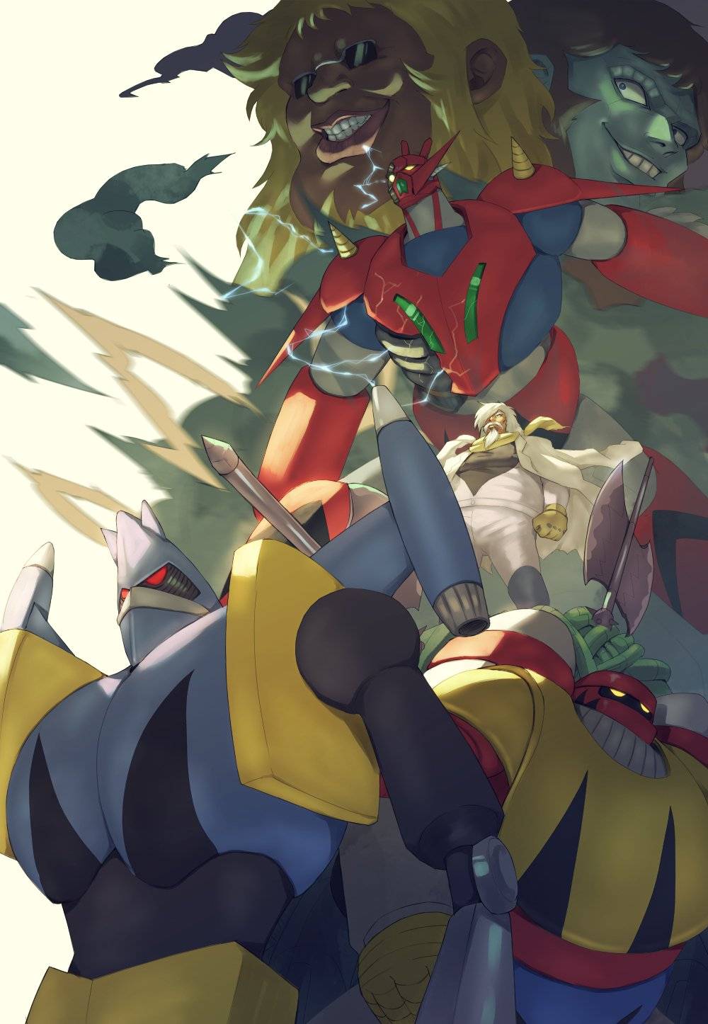 3boys black_hair blonde_hair blue_skin colored_skin cowen_(shin_getter_robo) dark-skinned_male dark_skin fat fat_man getter_dragon getter_liger getter_poseidon getter_robo hair_behind_ear highres looking_ahead looking_up mecha multiple_boys pilot_suit professor_saotome red_eyes robot science_fiction shin_getter_robo smile stinger_(shin_getter_robo) sunglasses super_robot vldhomecenter white_hair yellow_eyes